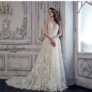 Calla Blanche Ivory Lace A-Line Wedding Gown Valerie 17128.